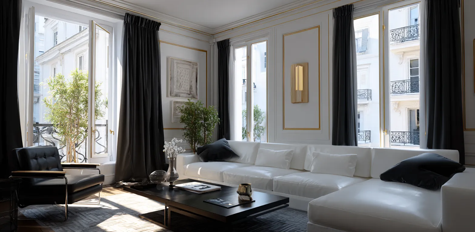 Salon luxe haussmannien avec moulures dorees et balcon parisien